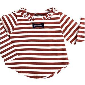 Crocodile Junior Girls Red White Striped LS Top Ruffle Collar Size 4